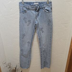 Austin Landing Low Rise Light Blue Straight Leg Jeans with Cross Accents Raw Hem